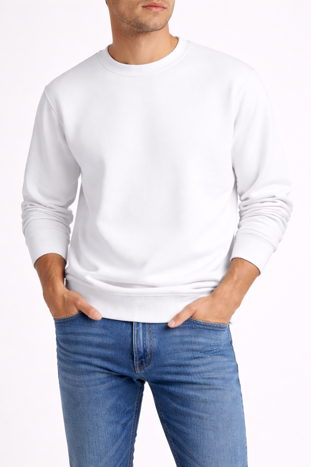 white sweatshirt and blue jeans look